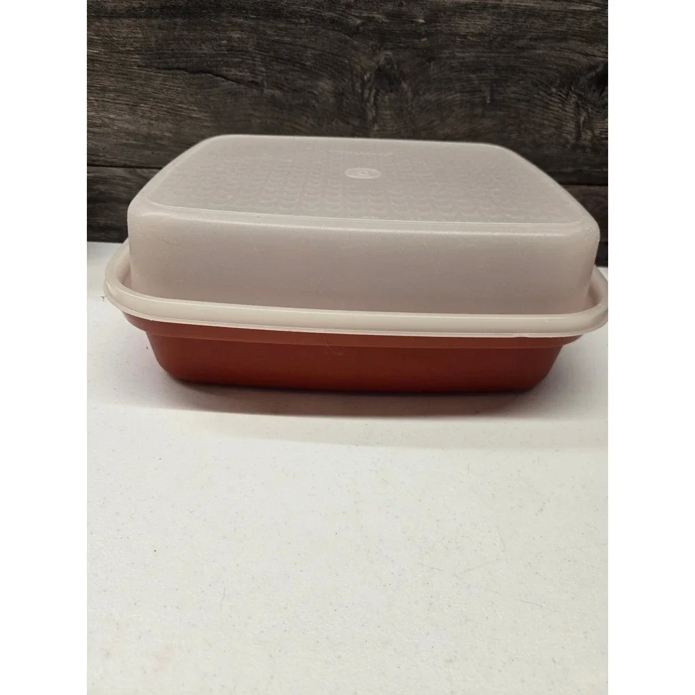 Vintage‎ Tupperware Bacon Deli Meat Keeper 1294 Burnt Orange Sheer White USA