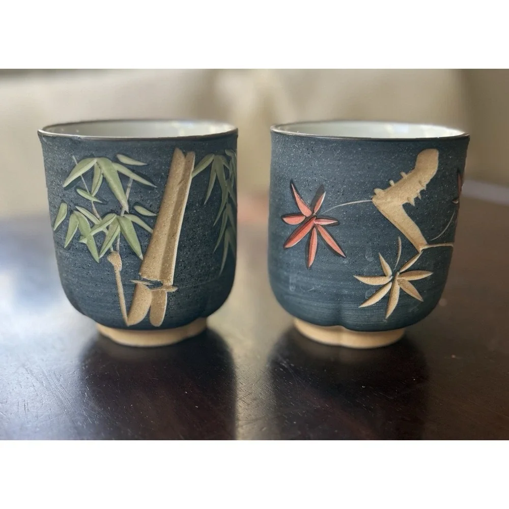 Two (2) Tea Cups Yunomi Plum Blossom 4