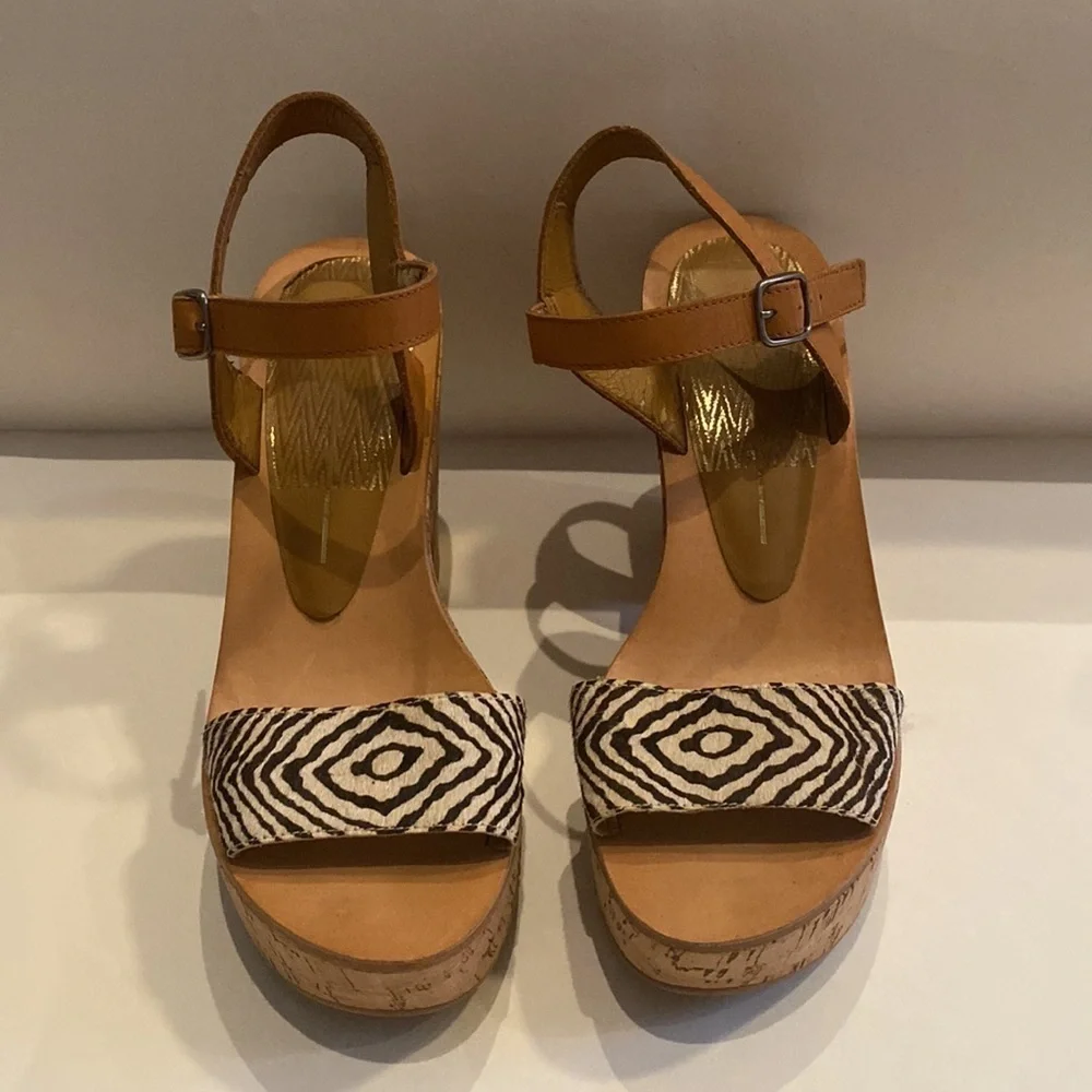 Dolce Vita Tan Leather & Black White Pattern Cork Platform Sandals