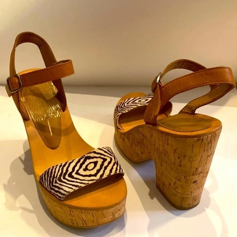 Dolce Vita Tan Leather & Black White Pattern Cork Platform Sandals