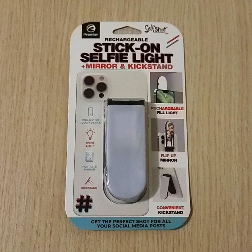 Stick-on selfie light + mirror & kickstand