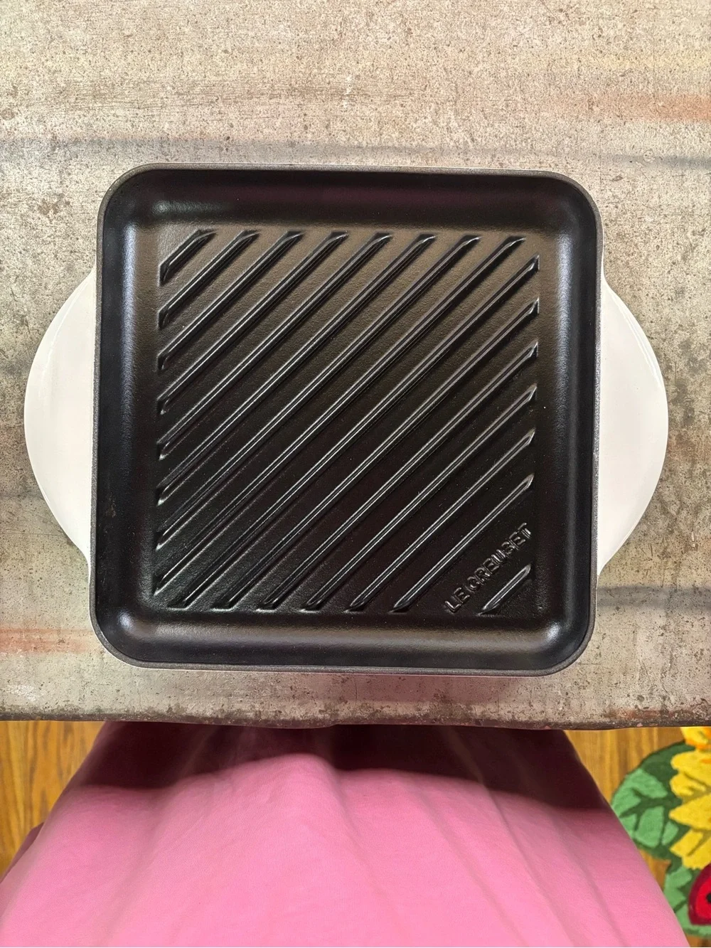 Le Creuset Black Square Cast Iron Grill Pan with White Handles