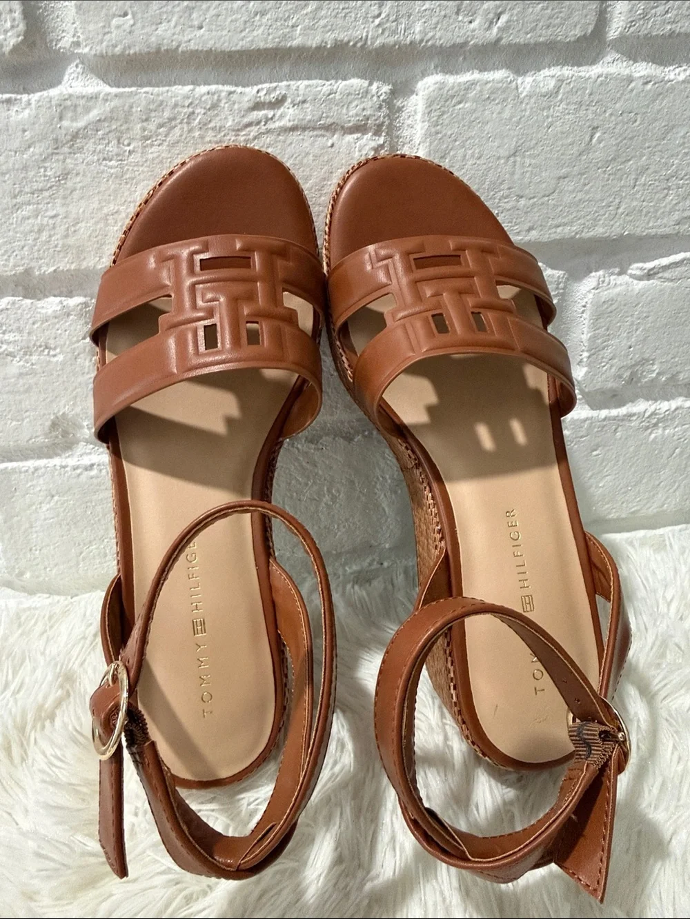 Tommy Hilfiger Tan Brown Platform Ankle-Strap Sandals