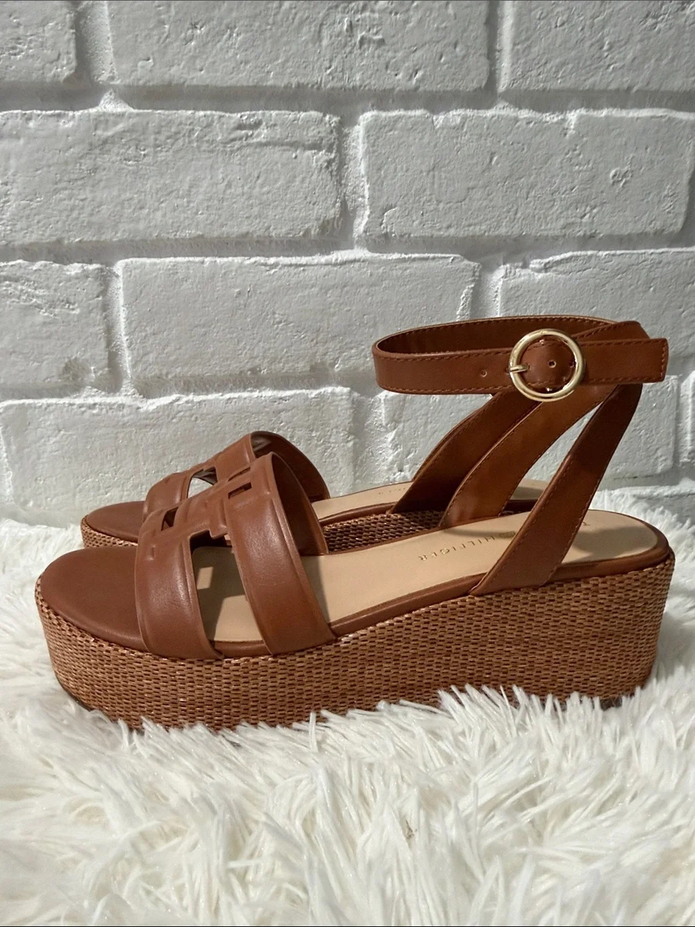 Tommy Hilfiger Tan Brown Platform Ankle-Strap Sandals