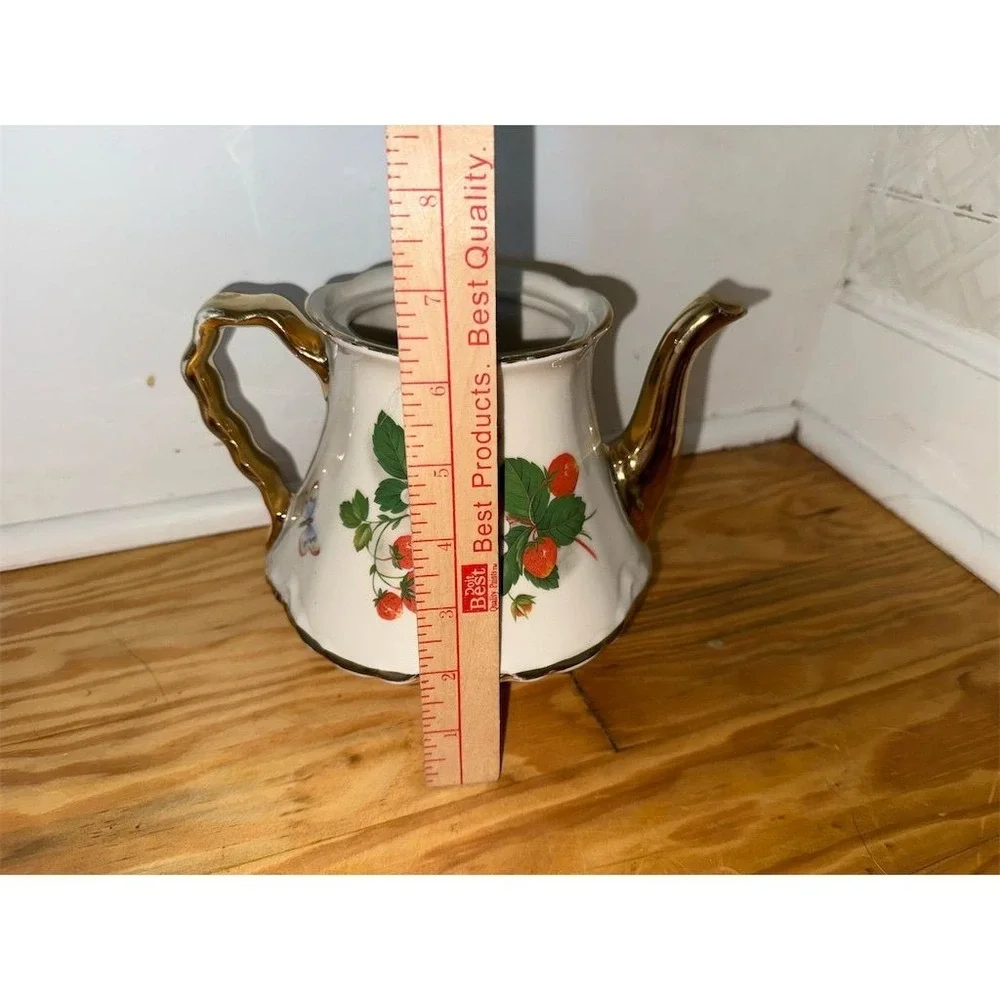 Vintage Bel-terr Strawberry Bone China Teapot‎ Multicolor 22 Kt gold trim no lid