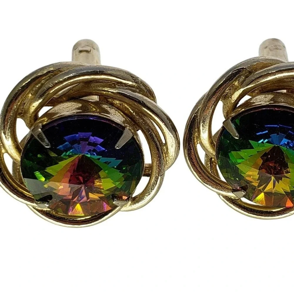 Green Watermelon Rivoli Cufflinks Gold Tone Twisted Vintage Dante Mens 1960s MCM