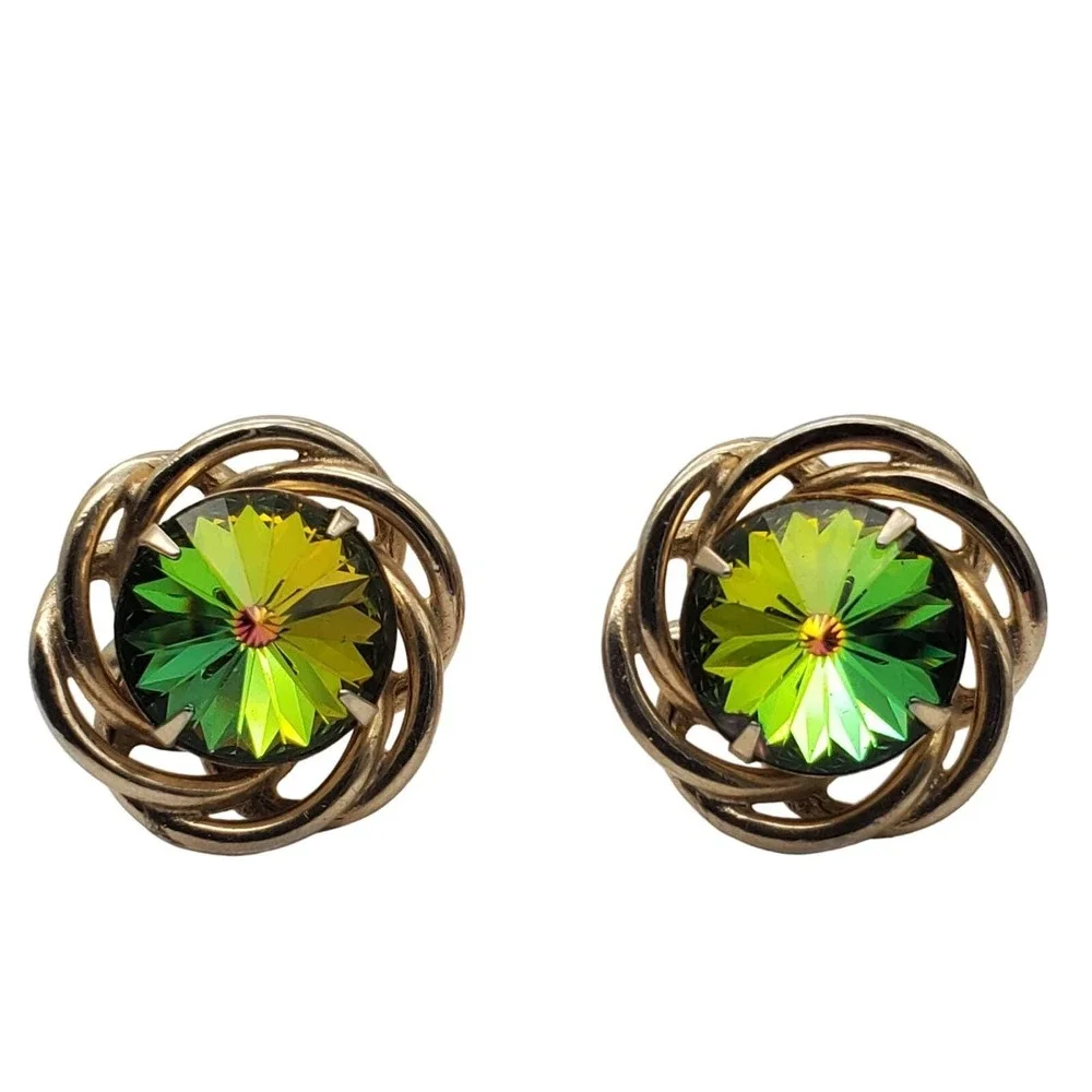 Green Watermelon Rivoli Cufflinks Gold Tone Twisted Vintage Dante Mens 1960s MCM