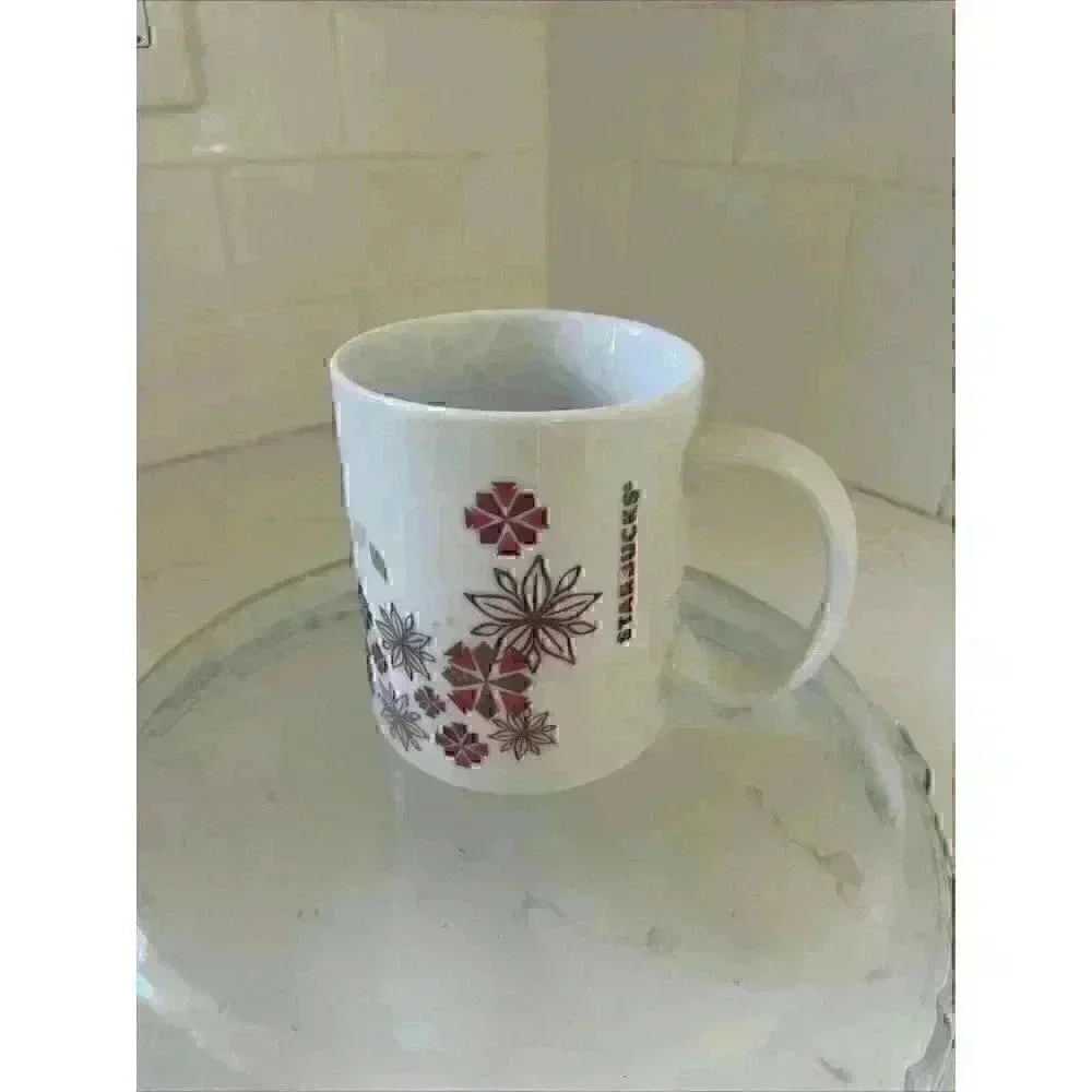 Starbucks Holiday Coffee Mug Cup 12 fl oz Red Gold Snowflake Star Christmas