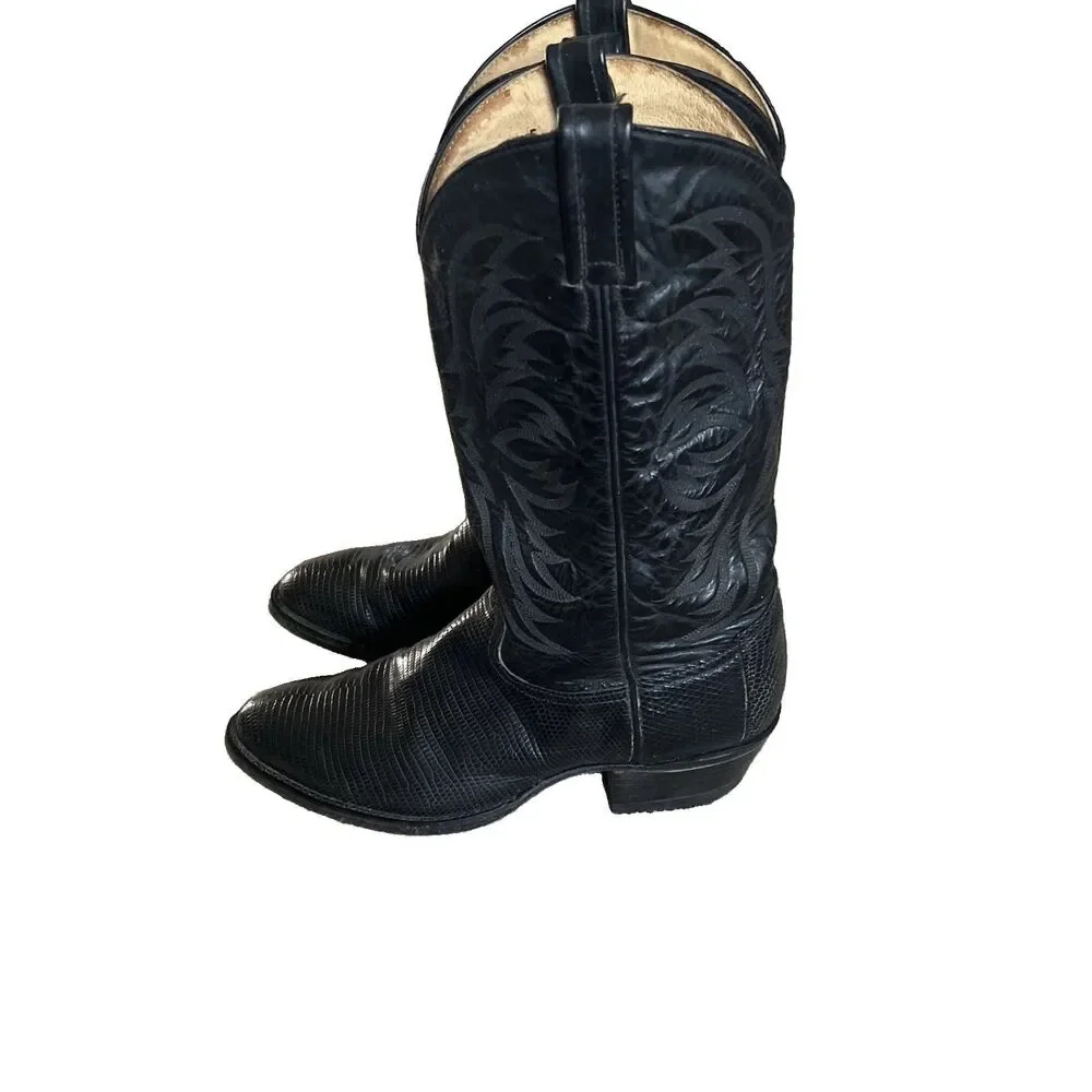 Vintage Tony Lama Size 10D Black Teju Lizard wingtips western cowboy boots