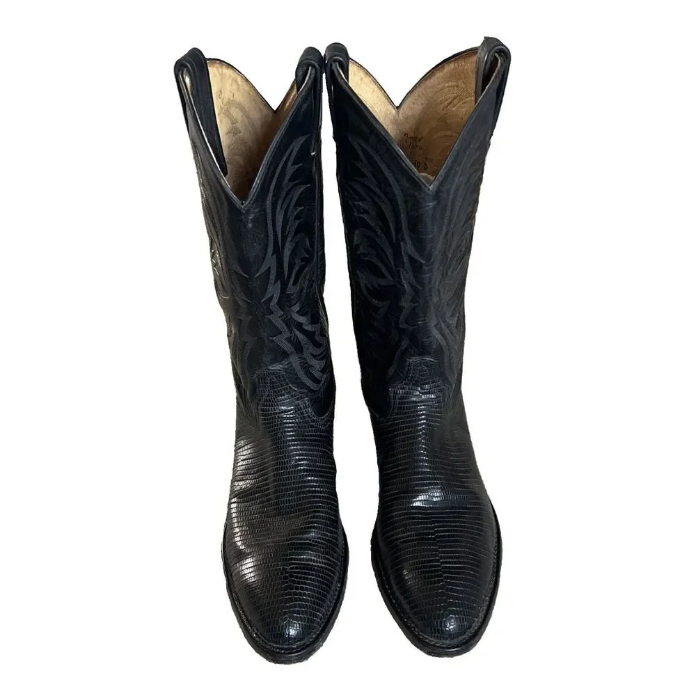 Vintage Tony Lama Size 10D Black Teju Lizard wingtips western cowboy boots