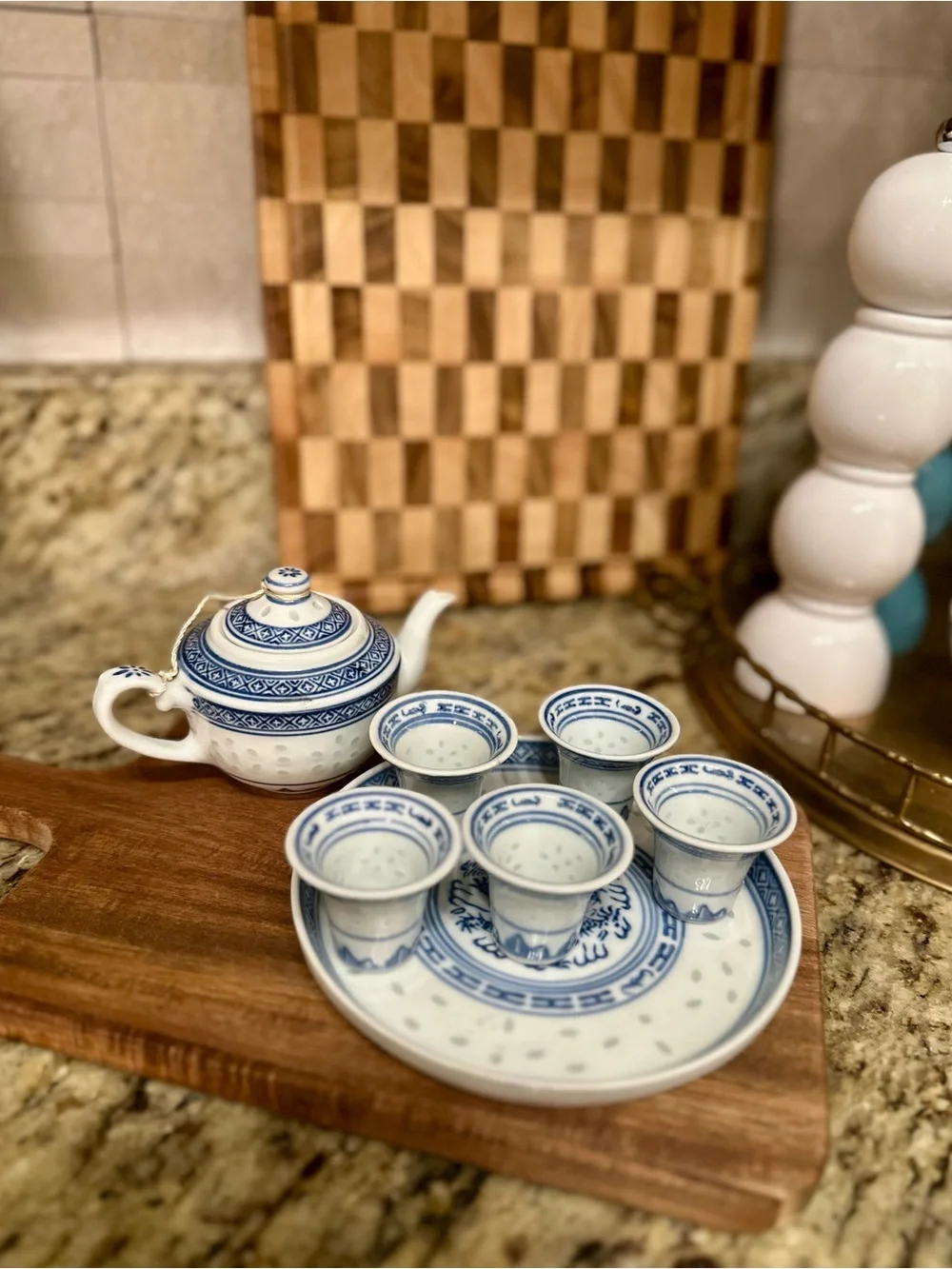 Vintage Miniature Blue and White Porcelain Tea Set - 7 pieces