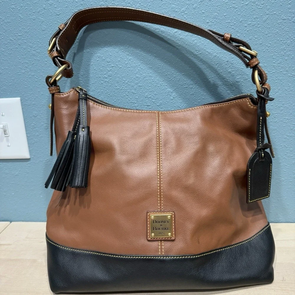 Dooney & Bourke Sophie Large Hobo Bag Brown/Black Pebble Leather Shoulder Purse