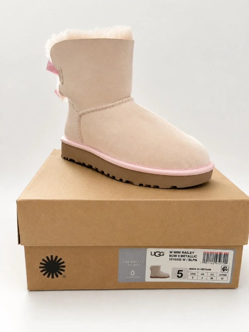 UGG Mini Bailey Bow II Metallic Boots – Soft Pink (Women's Size 5) NWT