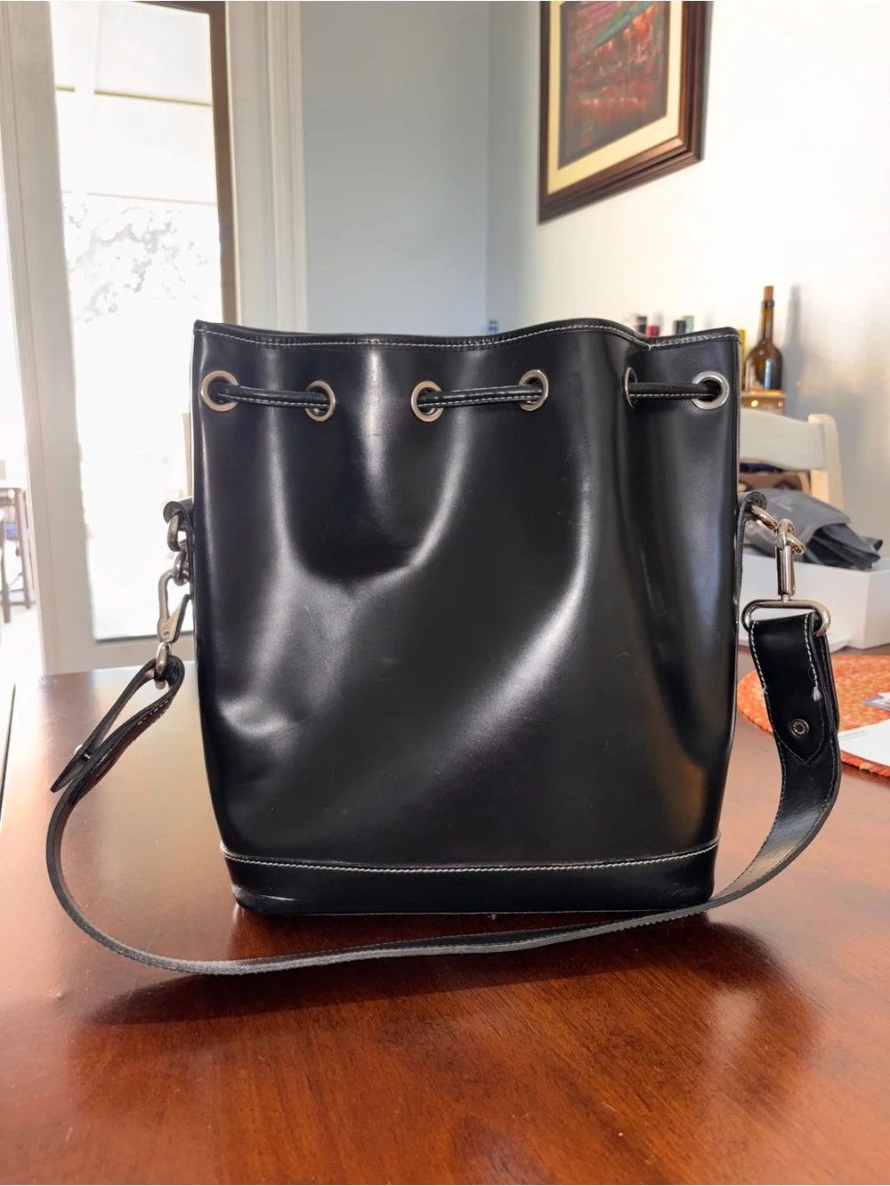 Dooney & Bourke Black Leather Drawstring Bucket Tote with Gold Hardware