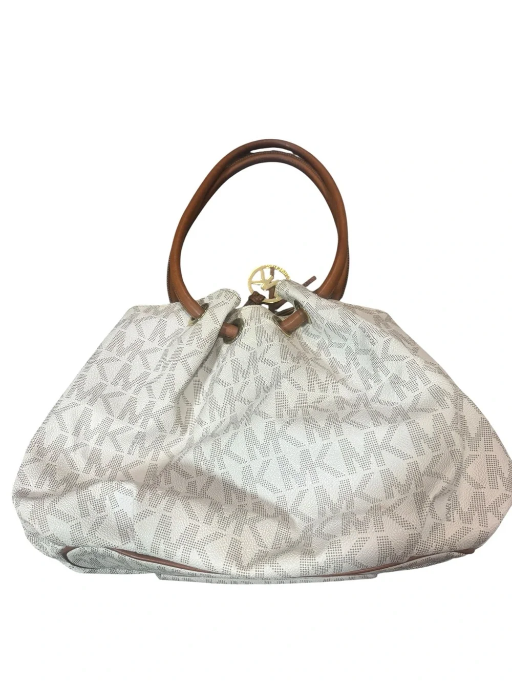 Michael Kors White MK Logo Tote with Tan Leather Handles