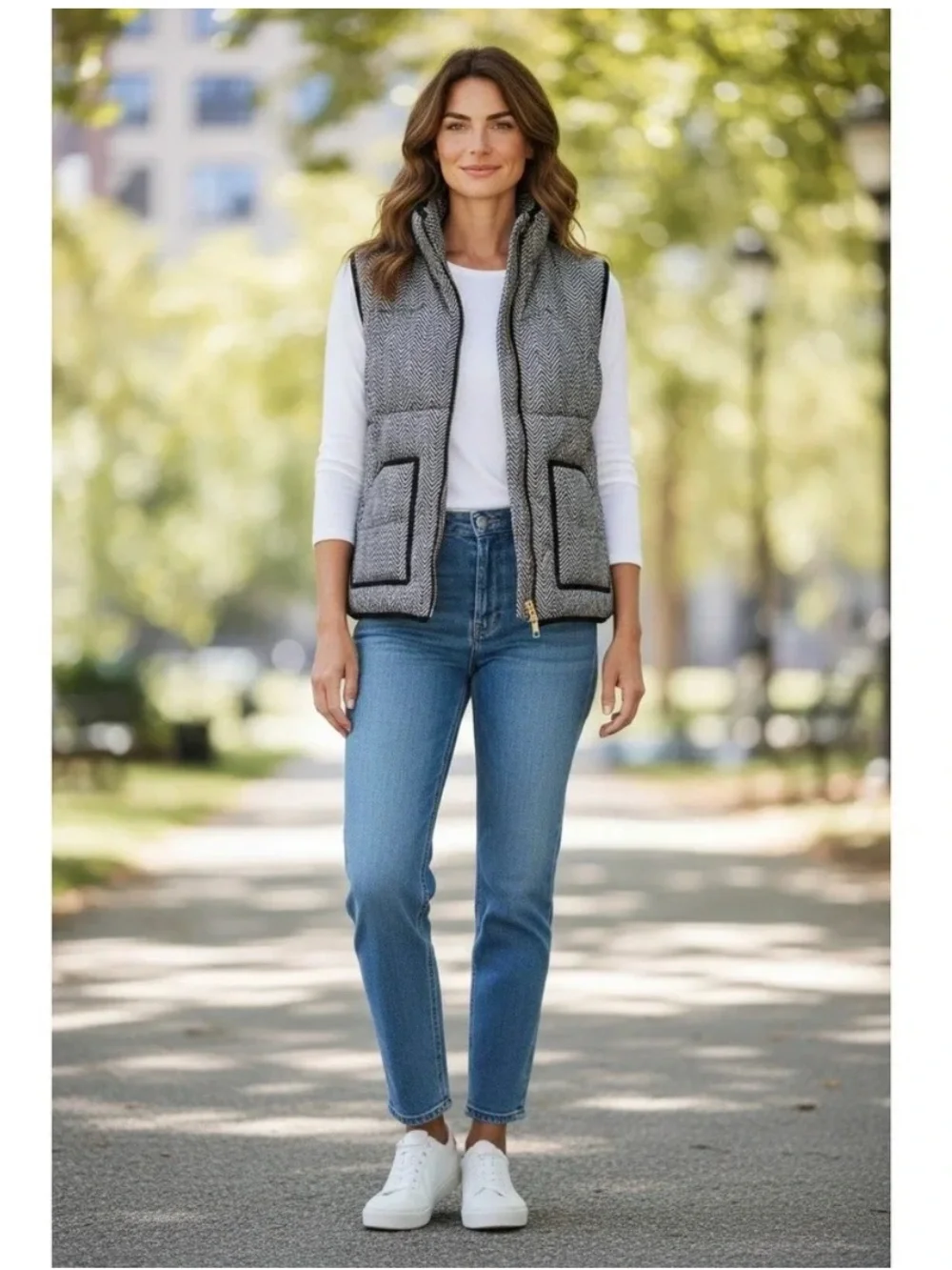 J.Crew Quilted Excursion Vest Women Black White Herringbone Size M