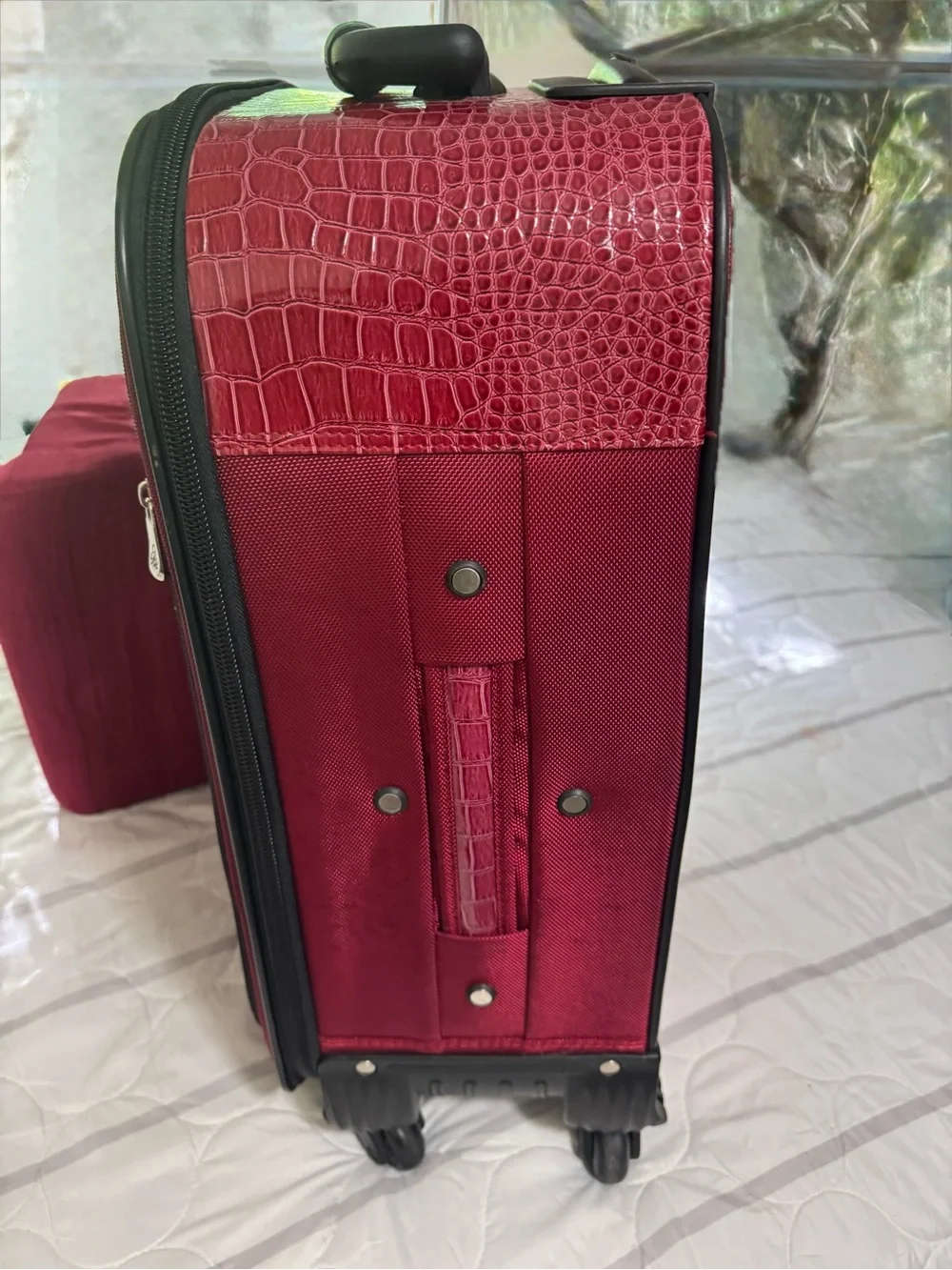 Glossy Red Croc-Texture Carry-On Travel Bag