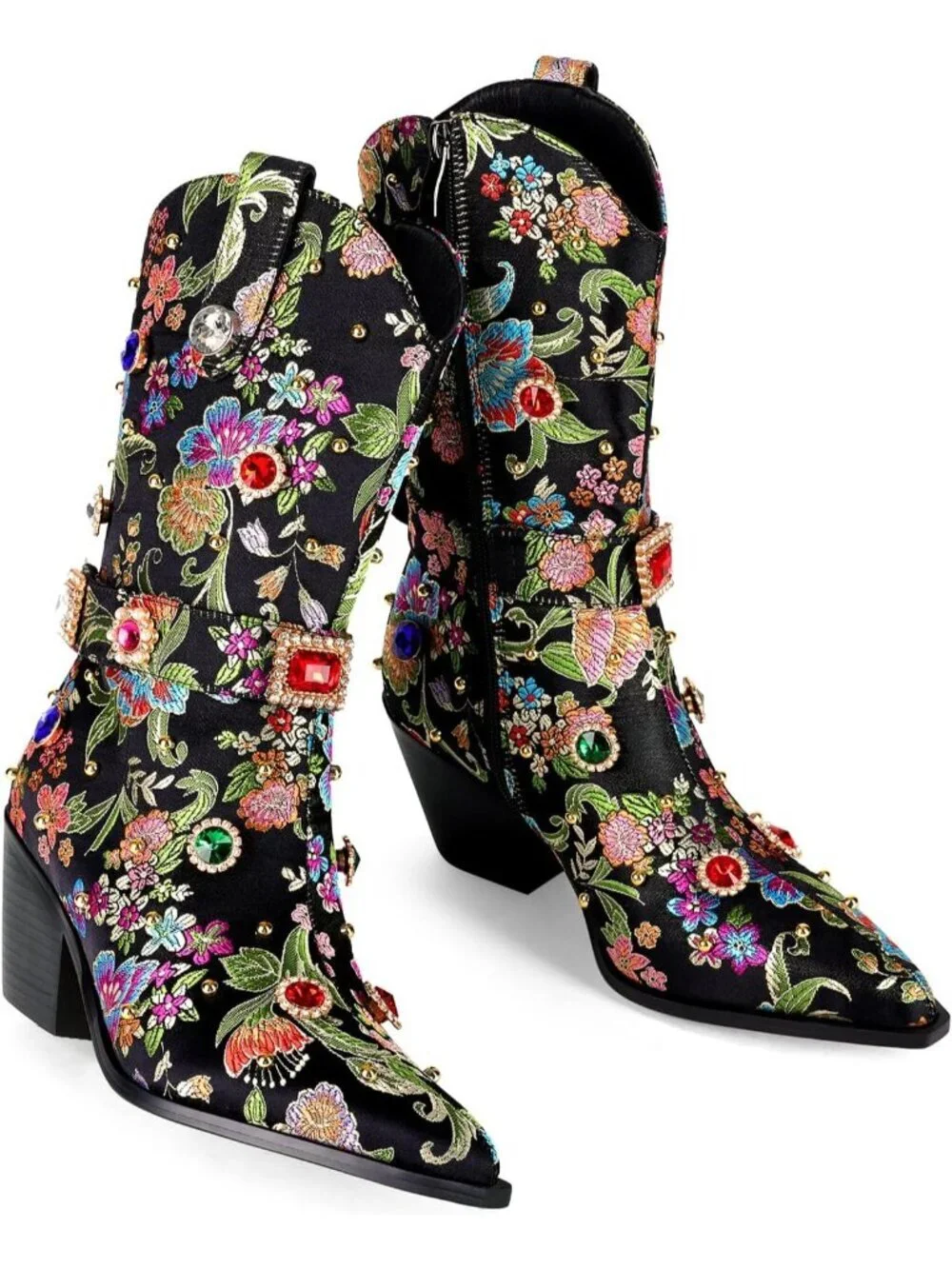 Women's Black Western Floral Embroidery Rhinestone Sparkly Cowgirl Mid Calf Boot