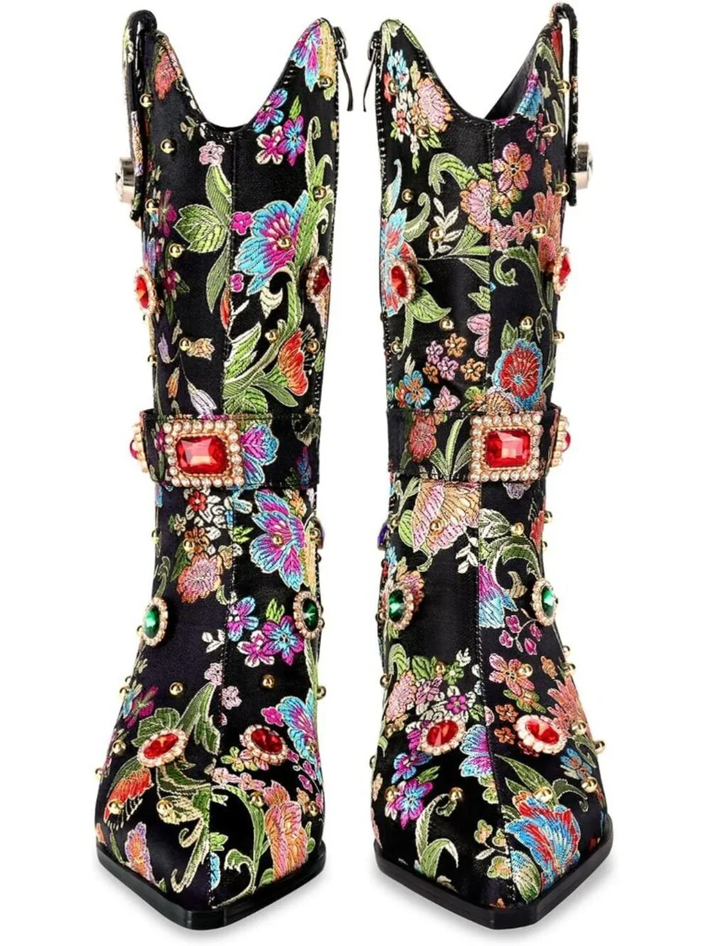 Women's Black Western Floral Embroidery Rhinestone Sparkly Cowgirl Mid Calf Boot