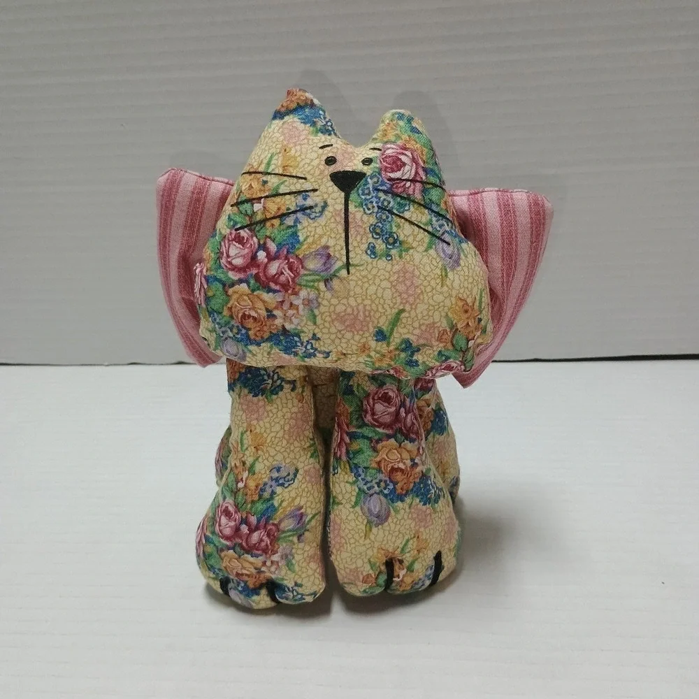 Handmade Fabric Plush Kitten Cat With Bow Shelf Sitter