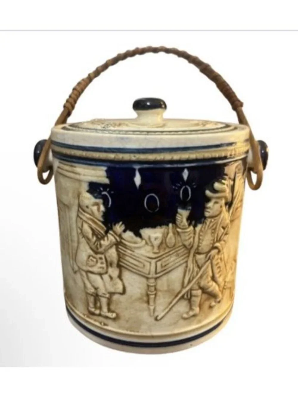 Vintage 1950 Salt Glaze Tobacco Jar Biscuit Japan Bosque Ice Bucket Wheat Wicker