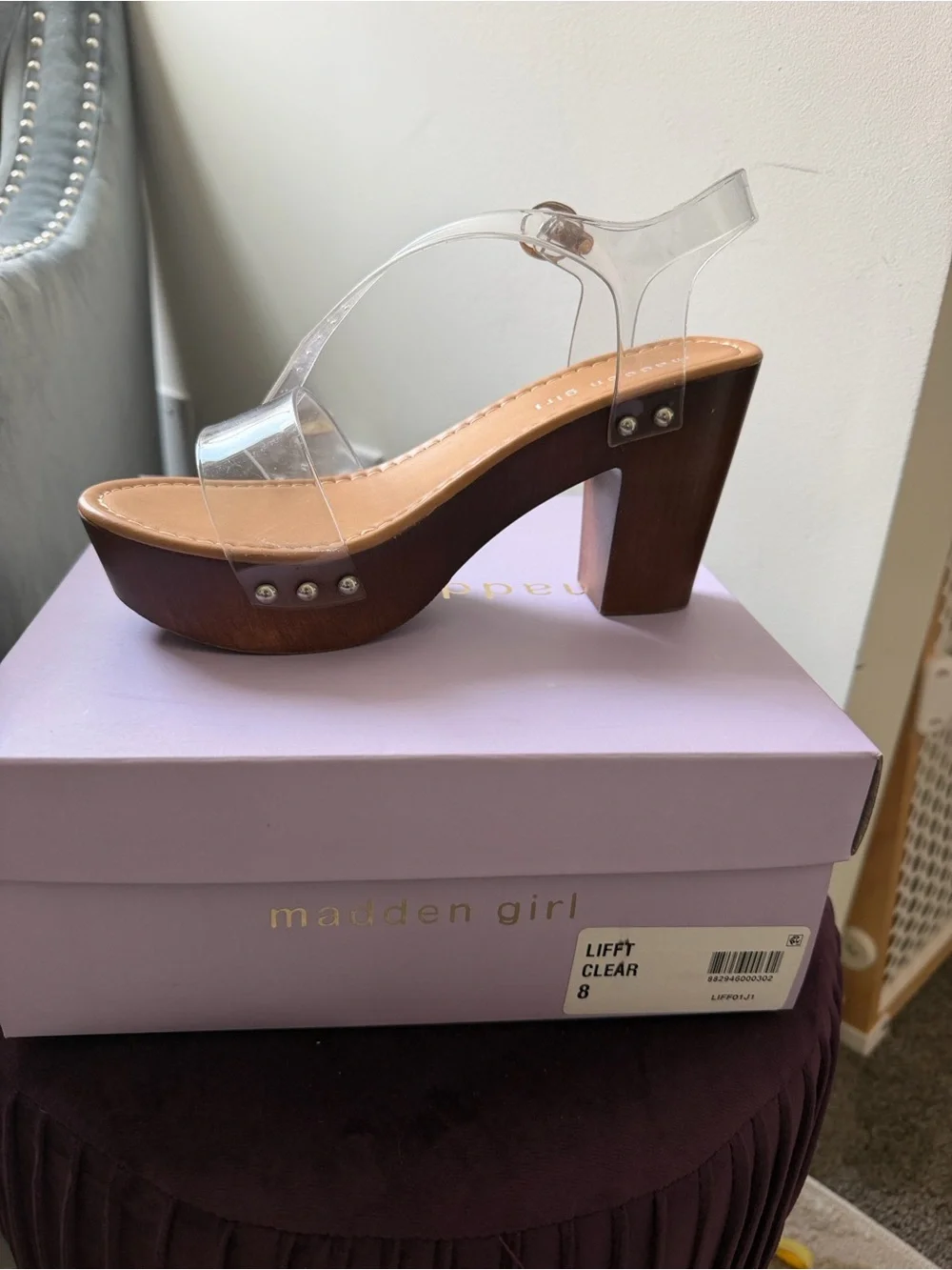 Madden Girl Clear Strap Wood-Effect Platform Sandals - Clear & Brown