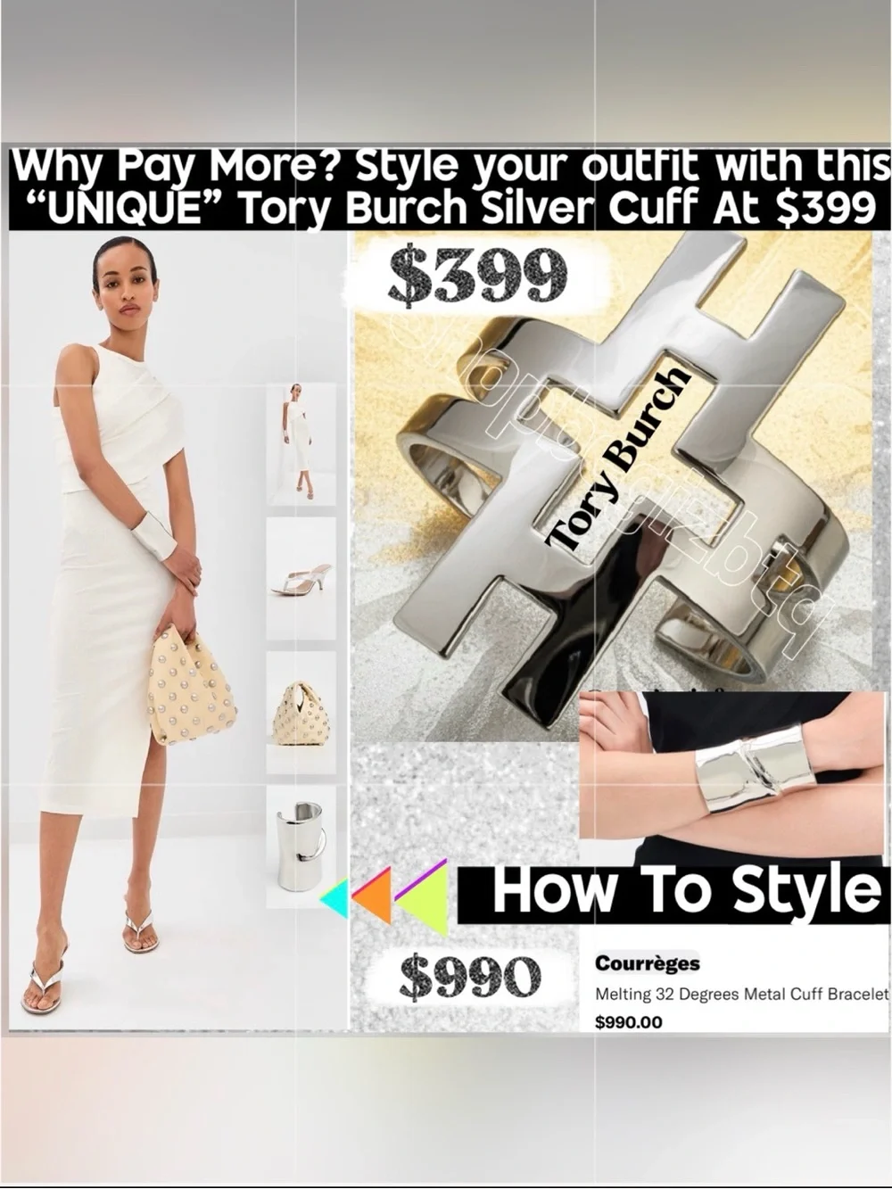 Authentic NWT Tory Burch Bold Statement Polished Silver Hicks Large Cuff Bracele