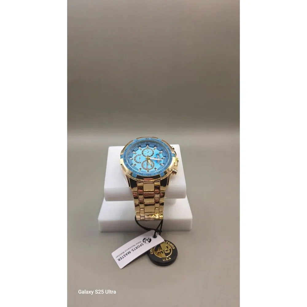 AJ Fashions Sportmaster 45mm Gold Blue Dial Men's Quartz Watch New