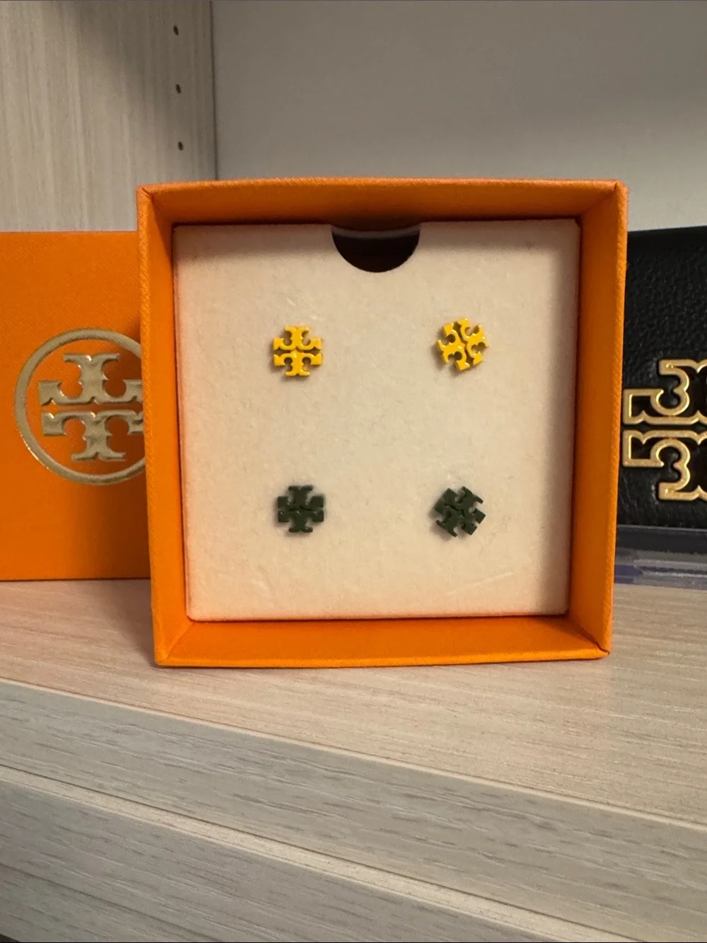 Tory Burch Enamel Double-T Stud Earrings in Yellow & Dark Green