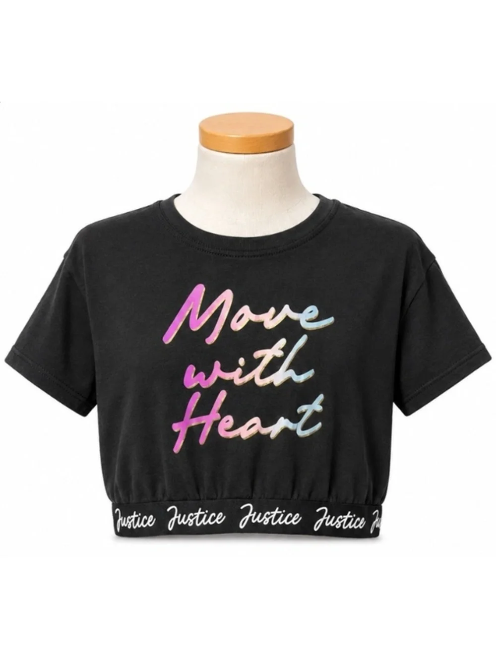 Justice Girls' Black Crop Top T-Shirt Size L (12/14) with 'Move with Heart' Mult