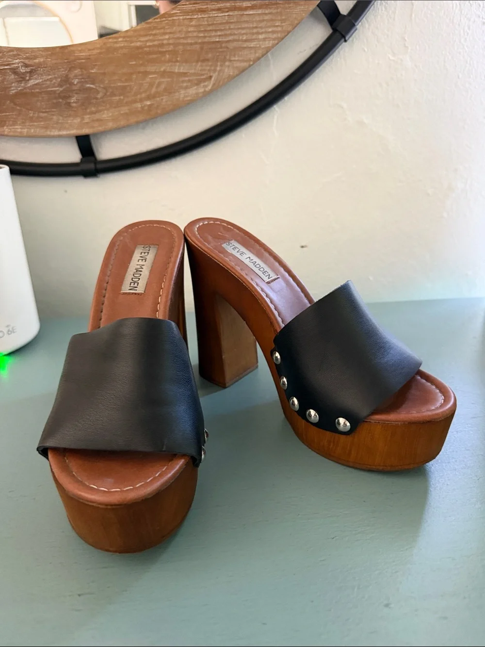 Steve Madden Black Leather Studded Platform Mules
