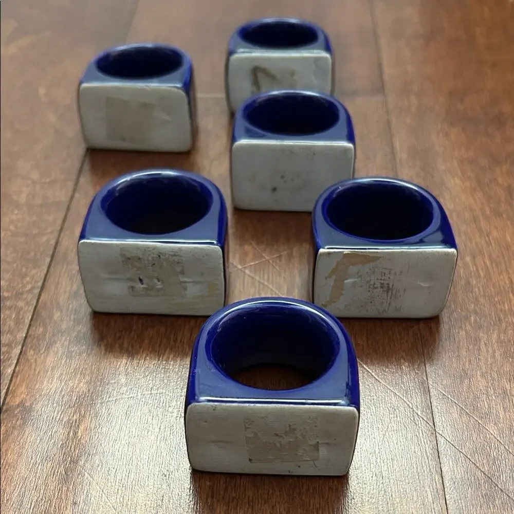 Vintage Pier 1 Imports Ceramic Cobalt Navy Blue Napkin Ring Set, 6 Piece Set