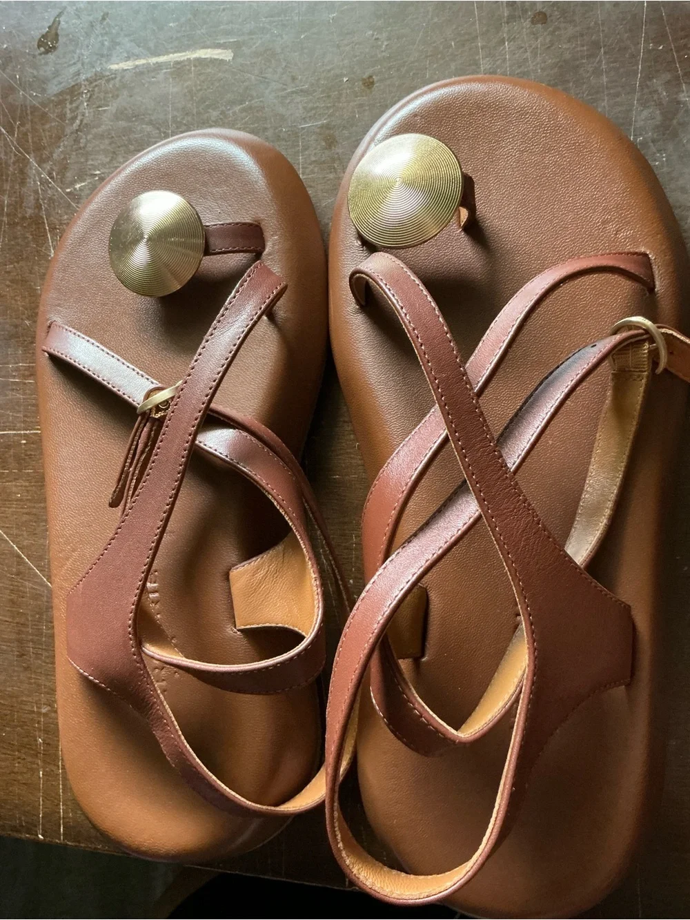 Robert Clergerie Brown Leather Toe-Ring Slingback Sandals with Gold Disks