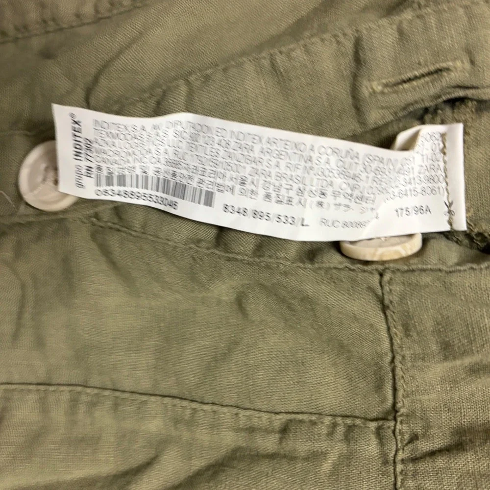 Zara Linen Blend Utility Safari Olive Green Jumpsuit Button Front Cap Sleeve L