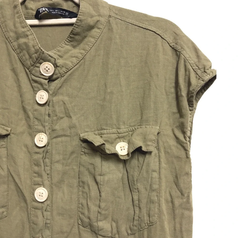 Zara Linen Blend Utility Safari Olive Green Jumpsuit Button Front Cap Sleeve L