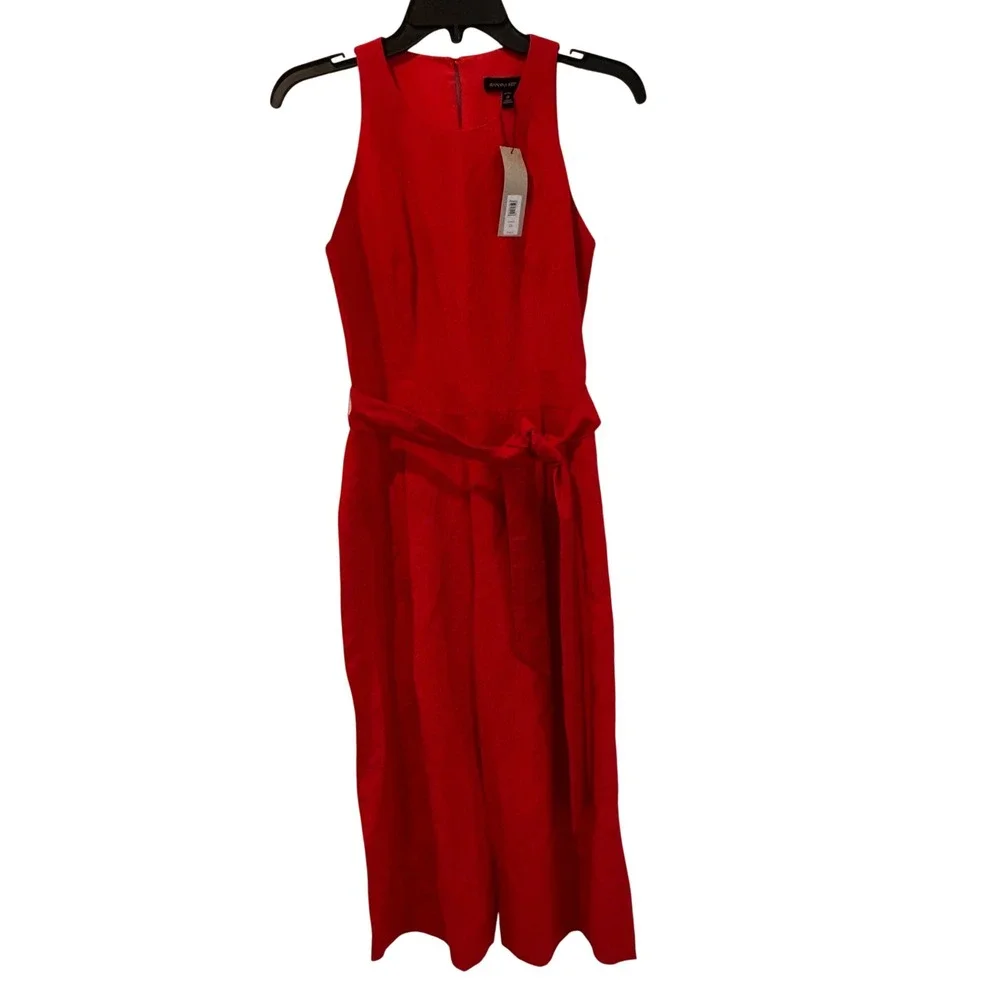 NWT Banana Republic Women Jumpsuit 0P Red Linen Blend Belted Wide Leg Sleeveless