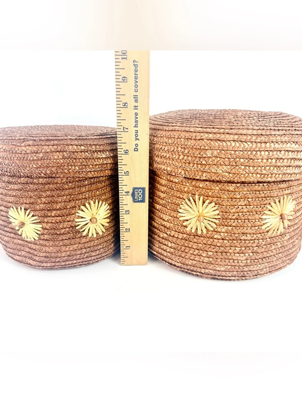 Set Of 2 Vintage Pier 1 Round Straw Storage Basket W/ Lid & Flowers On Side boho
