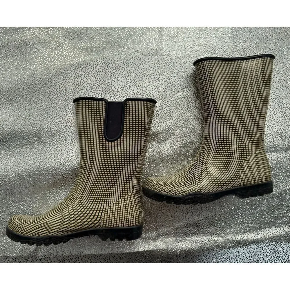 Sperry Women’s Rain Boots Tiny Tweed Pattern Tan Navy size 8