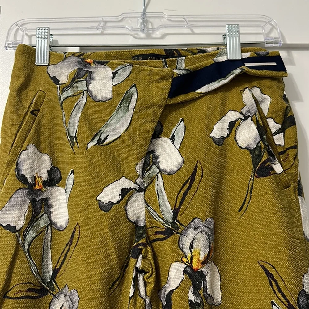ZARA Mustard Yellow White Orchid Floral Linen Skinny Cigarette Pants