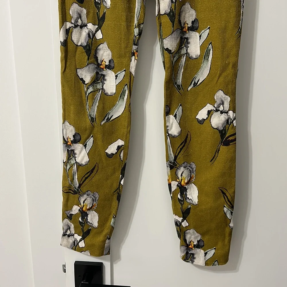 ZARA Mustard Yellow White Orchid Floral Linen Skinny Cigarette Pants
