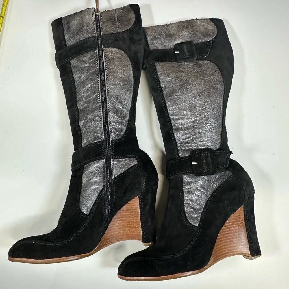 Donald J. Pliner Heidy Black Leather & Suede Wedge Boots Sz 8