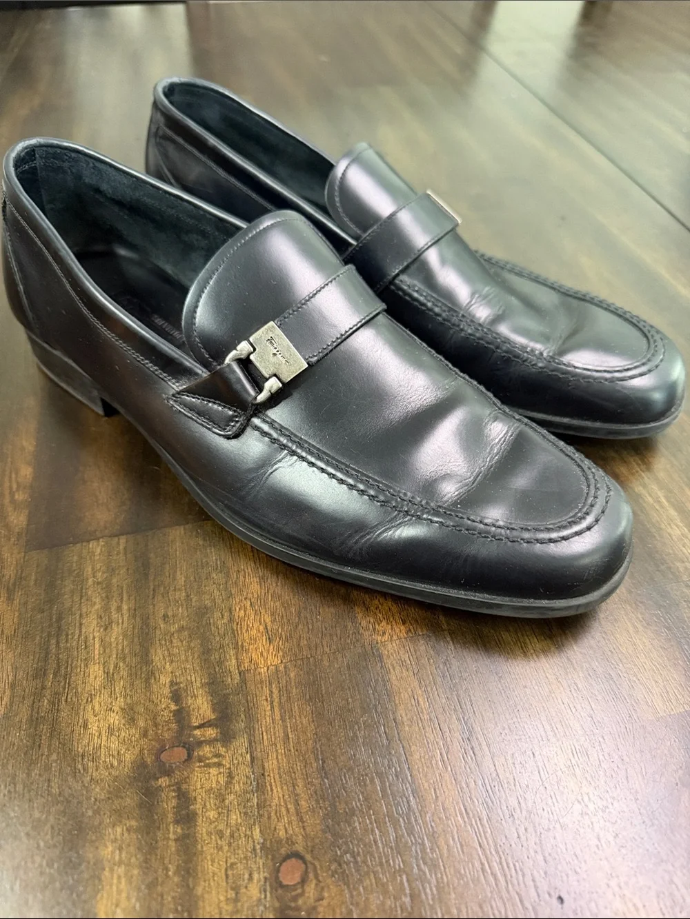 Salvatore Ferragamo Black Leather Slip-On Loafers with Metal Bit