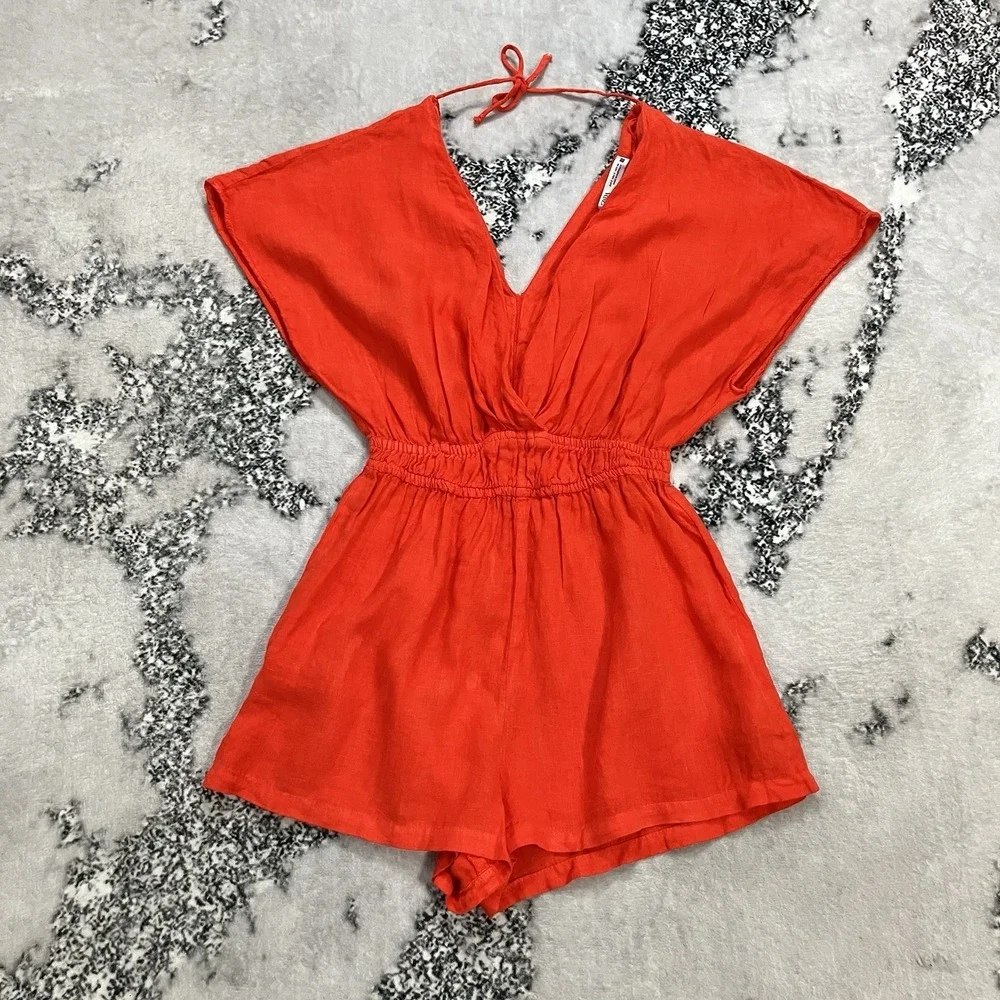 Zara Red Orange Linen Romper Womens Small V Neck Open Back Elastic Waist