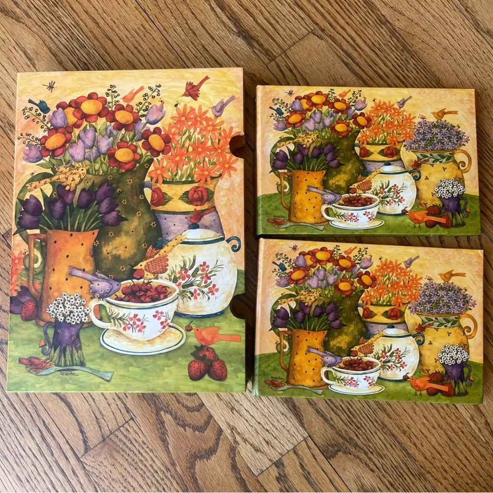 Vintage Recipe Binder Set 3PC Set Art by Debi Hron Birds Flowers Coffee Tea 90s