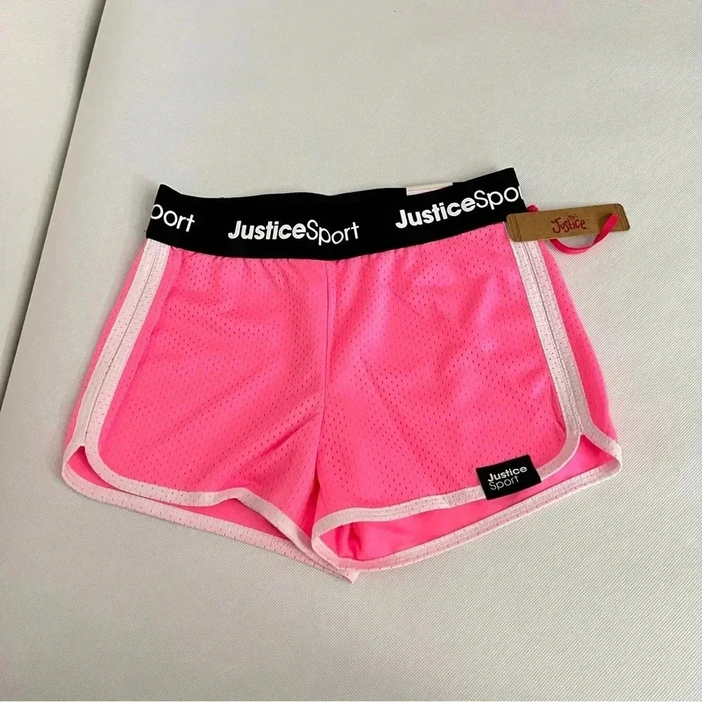 Justice Girls Core Solid Mesh Shorts Flash Pink/Black Elastic Waist Size Medium