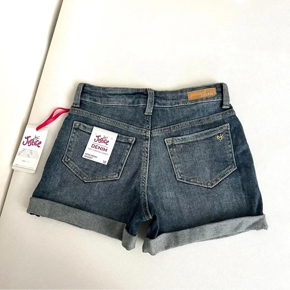 Justice Girls Mini Mom Destroyed Blue Denim Shorts Size 12 Cuffed Hem Pockets