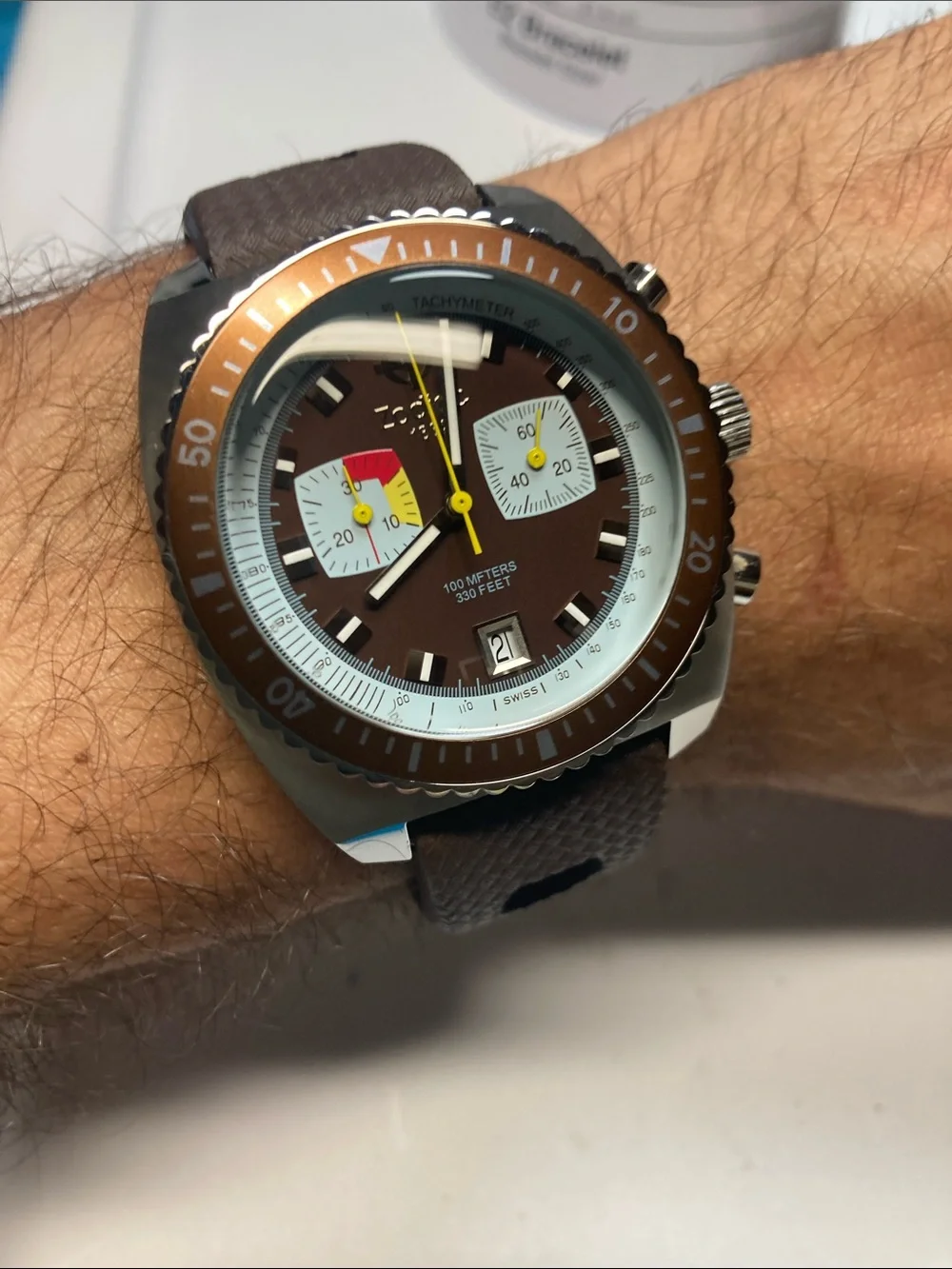 Zodiac Brown and Yellow Chronograph Dive Watch, Sea Dragon, new battery