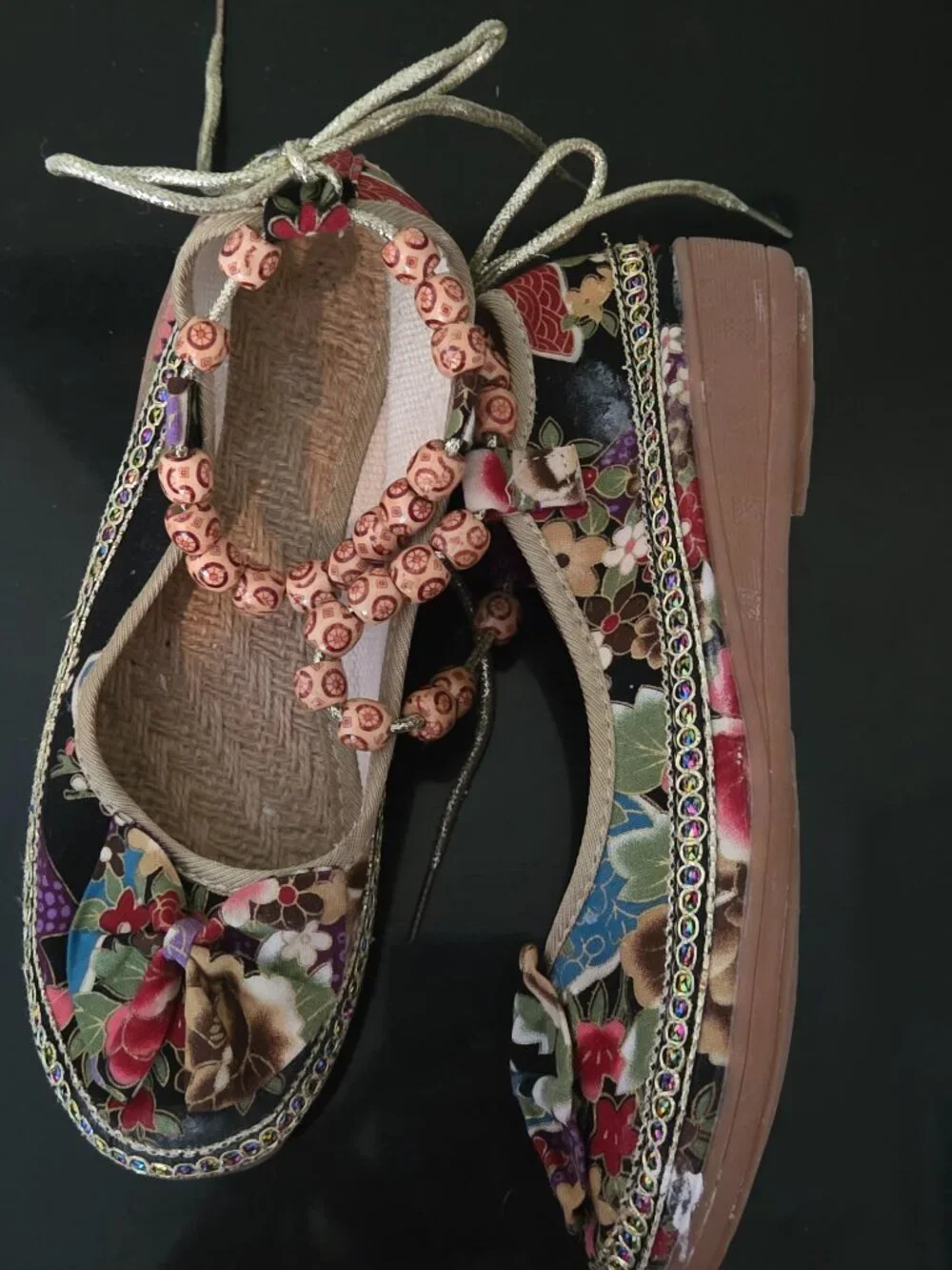 Wonderful ladies colorful beaded espadrille shoes with gold ankle ties
