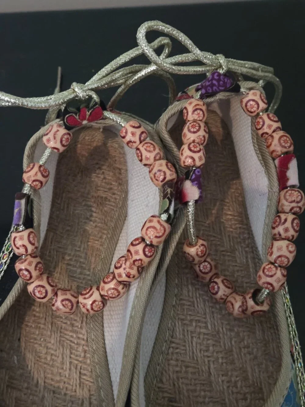 Wonderful ladies colorful beaded espadrille shoes with gold ankle ties