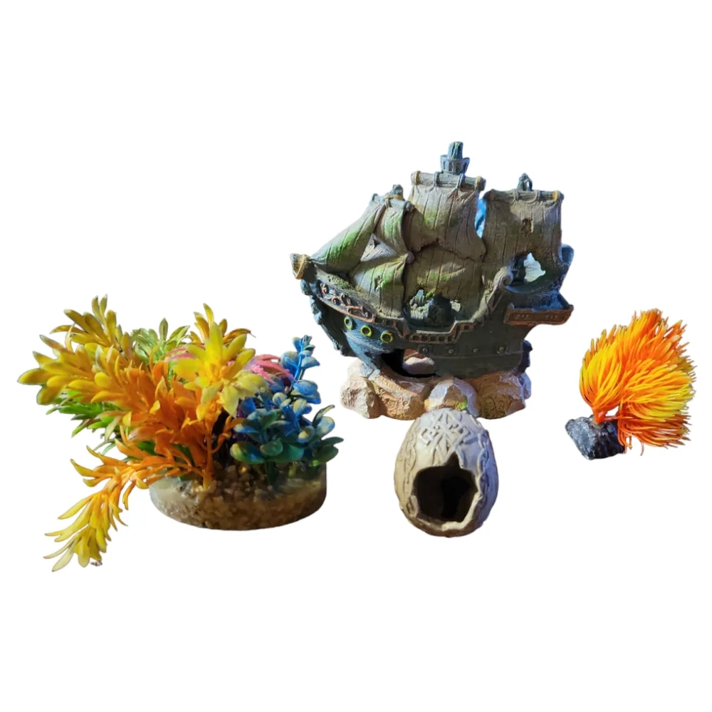 Vtg Aquarium Fish Tank Resin Shipwreck Sunken Pirate Treasure Ship Skull Plants